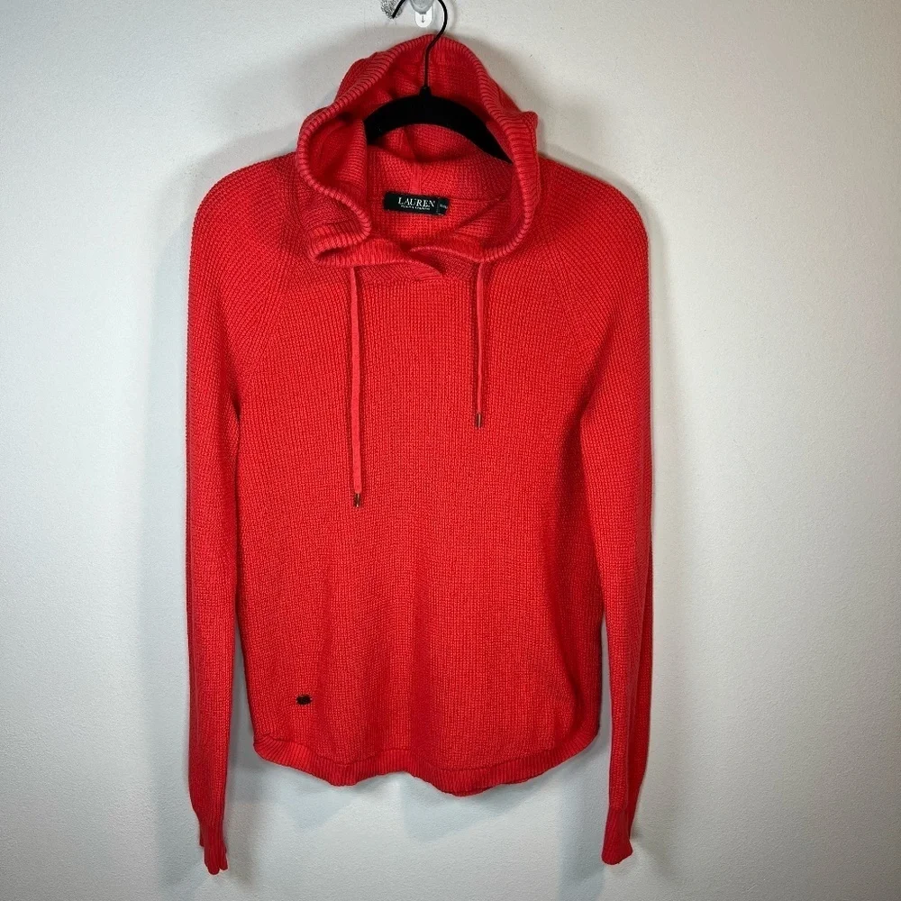 Lauren Ralph Lauren Hooded Waffle Knit Sweater Top Shirt Orange  Sz Small Petite